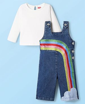 Babyhug Cotton Knit Full Sleeves Dungaree Style Jumpsuit With Rainbow Embroidery - Blue & White