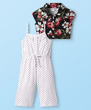 Babyhug Cotton Knit Cap Sleeves Shirt with Jumpsuit Set with Floral Print - Black & White