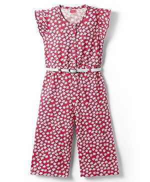 Babyhug Frill Sleeves Jumpsuit With Floral Print - Pink