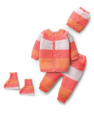 Babyhug Knitted Full Sleeves Striped Front Open Sweater Set with Color Block Design Booties & Cap - Orange
