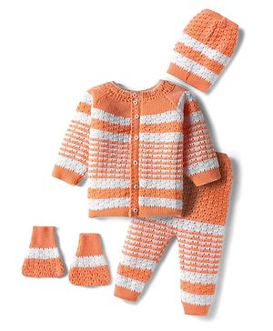 Babyhug Knit Full Sleeves Front Open Striped Sweater Set with Cap & Mittens - Orange