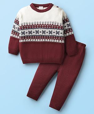 Babyhug Knit Full Sleeves Sweater Set With Aztec Design - Maroon