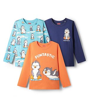 Babyhug 100% Cotton Knit Full Sleeves T-Shirts with Penguin Print Pack of 3 - Orange Navy & Light Blue