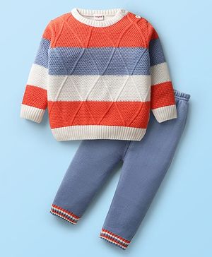 Babyhug Knit Full Sleeves Sweater Set With Stripes - Orange