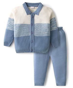 Babyhug Knit Full Sleeves Front Open Sweater Set with Color Block Design - Light Blue