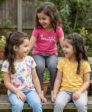 Babyhug 100% Cotton Knit Half Sleeves
                              T-Shirts With Butterfly Floral & Polka
                              Dot Print Pack Of 3 - Yellow Pink &
                              White
