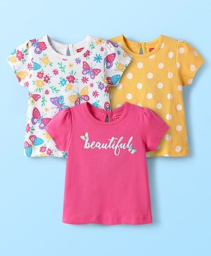 Babyhug 100% Cotton Knit Half Sleeves T-Shirts With Butterfly Floral & Polka Dot Print Pack Of 3 - Yellow Pink & White