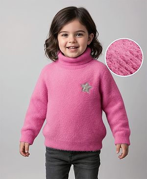 Babyhug Knit Full Sleeves Extra Soft Hairy Eyelash Yarn Turtle Neck Pullover Sweater with Star Patch Detailing - Pink