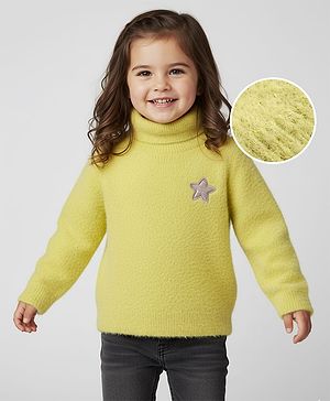 Babyhug Knit Full Sleeves Extra Soft Hairy Eyelash Yarn Turtle Neck Pullover Sweater With Star Patch - Light Green