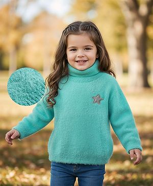 Babyhug Knit Full Sleeves Extra Soft Hairy Eyelash Yarn Turtle Neck Pullover Sweater with Star Patch Detailing - Aqua Blue