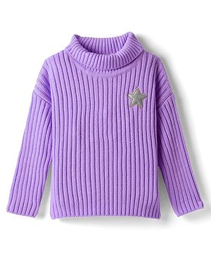 Babyhug Knitted Full Drop Shoulder Sleeves Skivi Sweater With Star Patch - Purple