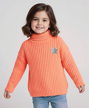 Babyhug Knitted Full Drop Shoulder Sleeves Skivi Sweater With Star Patch - Orange