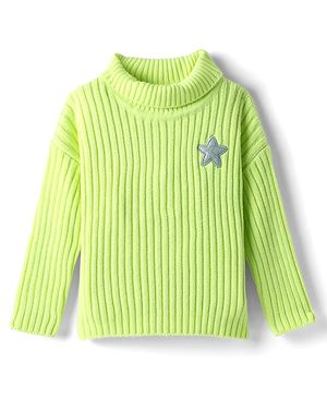 Babyhug Knitted Full Drop Shoulder Sleeves Skivi Sweater With Star Patch - Neon Green
