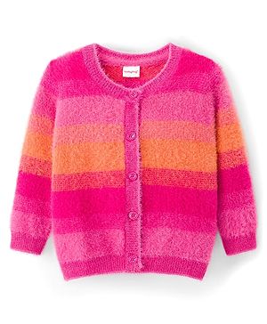 Babyhug Knit Full Sleeves  Front Open Sweater with Stripes - Pink & Orange