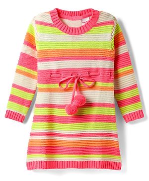 Babyhug Sweater Knit Full Sleeves Striped Woollen Dress - Pink