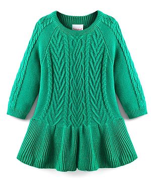 Babyhug Sweater Knit Full Sleeves Woollen Dress With Cable Knit Design - Green