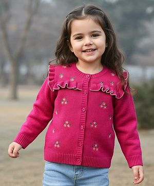 Babyhug Knitted Full Sleeves Front Open Sweater with Floral Embroidery & Frill Detailing - Dark Pink