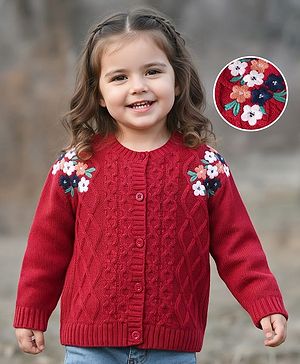 Babyhug Knitted Full Sleeves Front Open Sweater with Floral Embroidery - Red