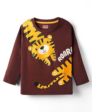 Babyhug Cotton Knit Full Sleeves T-Shirt with Tiger Print  - Brown