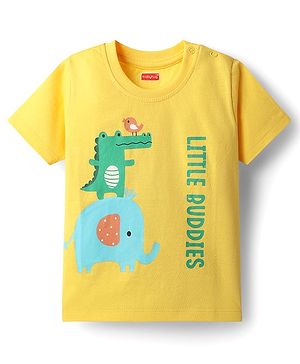Babyhug 100% Cotton Knit Half Sleeves T-Shirt with Animals & Little Buddies Text Print - Yellow