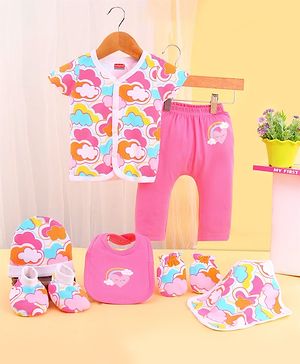Babyhug 100% Cotton Baby Gift Set with Cloud Print Pack of 7 - Pink