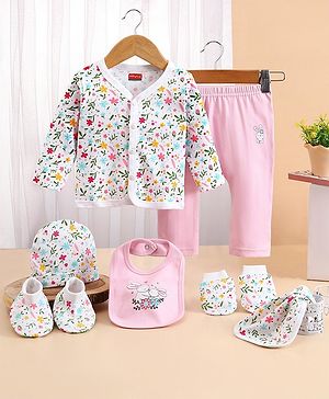Babyhug 100% Cotton Baby Gift Set With Floral Print Pack of 7 - White & Pink