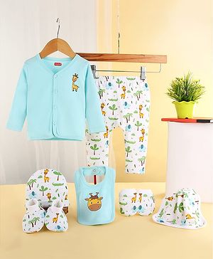 Babyhug 100% Cotton Baby Gift Set With Animal Print Pack of 7 - White & Light Blue