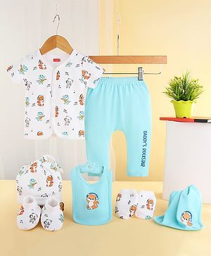 Babyhug 100% Cotton Baby Gift Set Pack of 7 - White & Light Blue