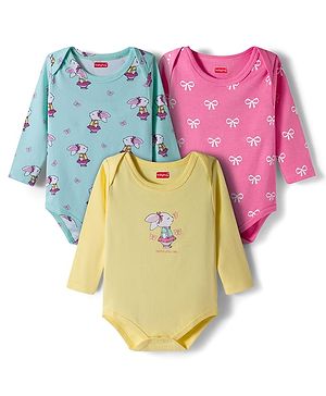 Babyhug 100% Cotton Knit Full Sleeves Onesies with Bunny & Bow Print Pack of 3 - Yellow Pink & Light Blue