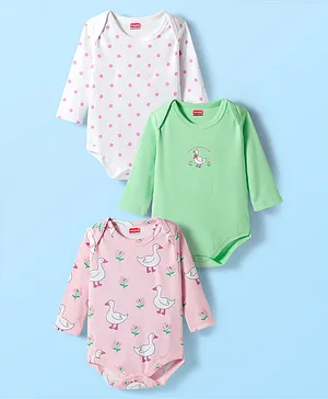 Babyhug 100% Cotton Interlock Knit
                              Full Sleeves Onesies with Ducky &
                              Floral Print Pack of 3 - White Light Green
                              & Pink