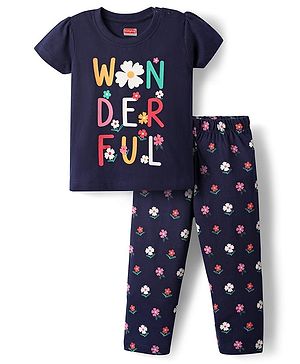 Babyhug Cotton Knit Half Sleeves Night Suit with Floral & Wonderfull Text Print - Navy Blue