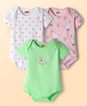 Babyhug 100% Cotton Knit Half Sleeves Onesies With Duck & Floral Print Pack of 3 - Green Pink & White