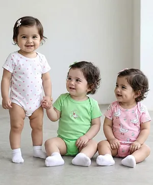 Babyhug 100% Cotton Knit Half Sleeves
                              Onesies With Duck & Floral Print Pack
                              of 3 - Green Pink & White