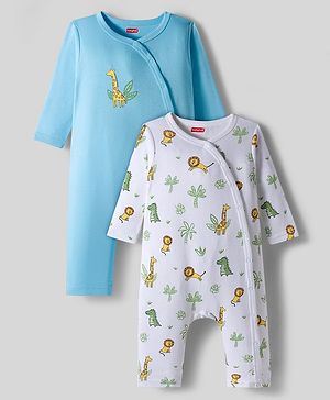 Babyhug 100% Cotton Interlock Knit Full Sleeves Front Open Romper with Animal Print Pack of 2 - Light Blue & White