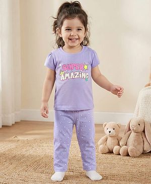 Babyhug Cotton Knit Half Sleeves Night Suit With Star & Text Print - Lavender