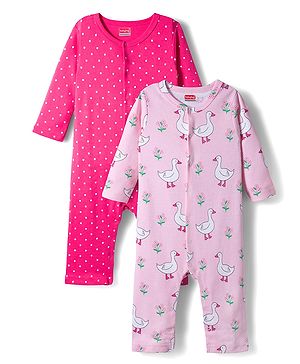 Babyhug 100% Cotton Knit Full Sleeves Front Open Rompers with Duck & Polka Dot Print Pack of 2 - Dark Pink & Pink