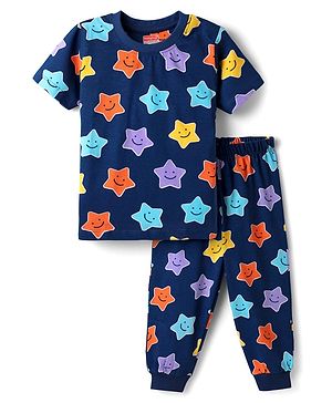 Babyhug Cotton Knit  Half Sleeves Co-ords Night Suit With Star Print - Navy Blue