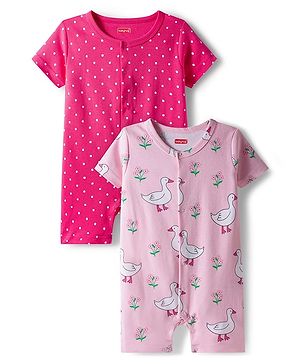 Babyhug 100% Cotton Interlock Knit Half Sleeves Front Open Romper with Polka Dot Ducky & Floral Print Pack of 2 - Dark Pink & Plum