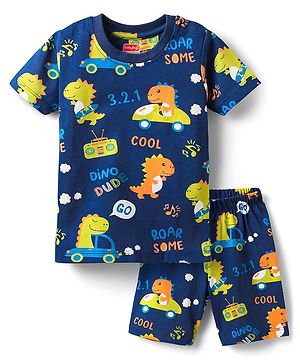 Babyhug Cotton Knit Half Sleeves Shorts Co-Ord Night Suit with Animal Print - Navy Blue