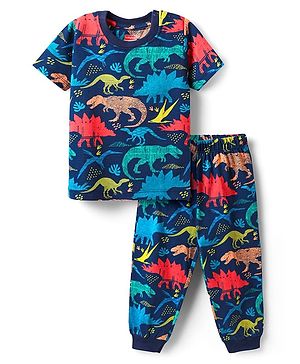 Babyhug Cotton Knit Half Sleeves Co-Ord Night Suit with Animal Print - Navy Blue