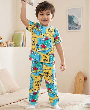 Babyhug Cotton Knit Half Sleeves Night Suit With Dino Print - Multicolour