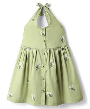 Babyhug Cotton Woven Sleeveless Halter Neck Frock with Floral Embroidery - Green