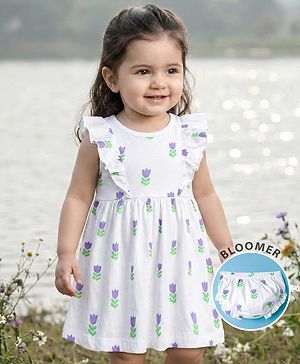 Babyhug Single Jersey Knit Frill Sleeves Floral Printed Frock with Bloomer - White