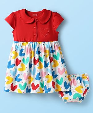 Babyhug Single Jersey Knit Half Sleeves Heart Printed Frock With Bloomers - Red