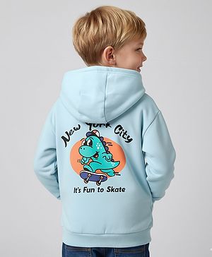 Bonfino 100% Cotton Fleece Full Drop Shoulder Sleeves Hooded Sweatjacket with Front & Back Dino Print - Aqua Blue