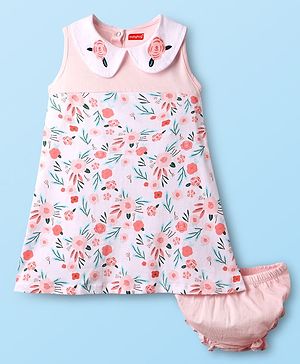 Babyhug Single Jersey Knit Sleeveless Peter Pan Collar Frock With Floral Print & Bloomer - Light Pink