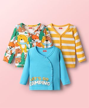 Babyhug 100% Cotton Interlock Knit Full Sleeves Front Open Vest With Stripes & Animal Print Pack Of 3 - Yellow Light Blue & Green