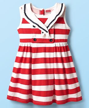 Babyhug 100% Cotton Sleeveless Striped Frock With Sailor Collar Neck - White & Red