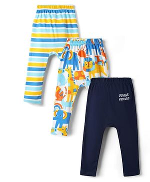 Babyhug Cotton Knit Full Length Diaper Leggings With Stripes & Animal Print Pack Of 3 - Multicolour