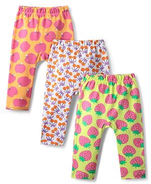 Babyhug Cotton Knit Full Length Diaper Legging With Tropical Theme Print Pack Of 3 - Orange Yellow & Purple
